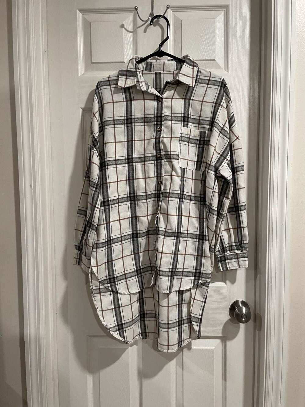 White Oversized Plaid Pattern Button Down Shirt